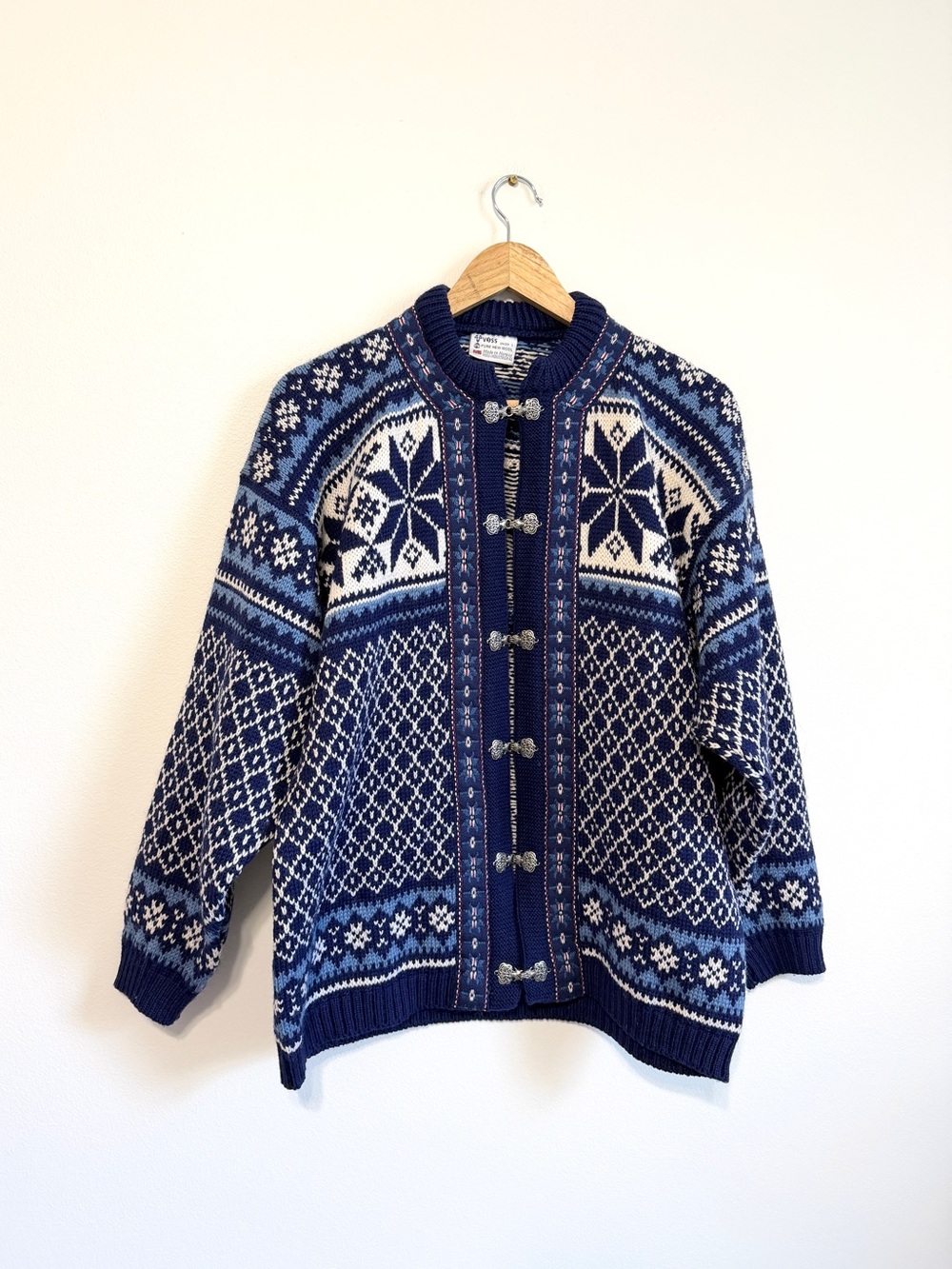 Voss Norway Fair Isle Wool Cardigan Sweater Size Large Blue Nordic